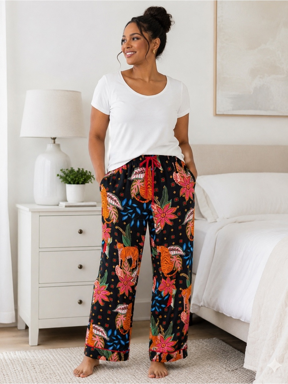 Room Service Wide-Leg Floral & Tiger Print Lounge Pants - Black  XS